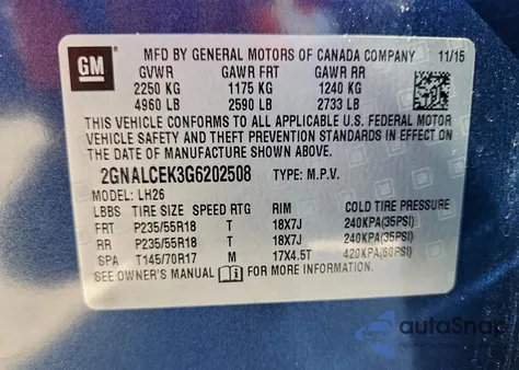 2016 Chevrolet Equinox Lt from USA, damaged, VIN 2GNALCEK3G6202508